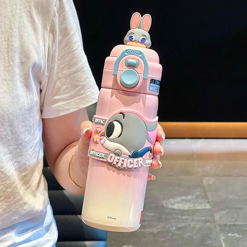 500ml Stitch Thermos Cup Zootopia Disney Cartoon Nick Judy Dual-Drinking Straw Cup Cute Printing Student Water Cup Girl Gifts