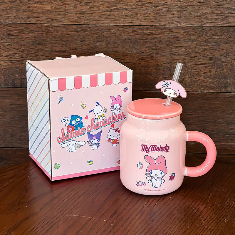 Taza de cerámica Hello Kitty My Melody con tapa y pajita | Diseño kawaii y funcional ideal para regalo