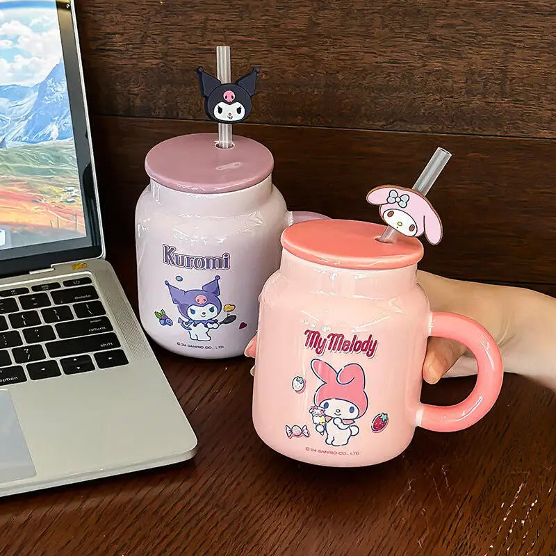 Taza de cerámica Hello Kitty My Melody con tapa y pajita | Diseño kawaii y funcional ideal para regalo
