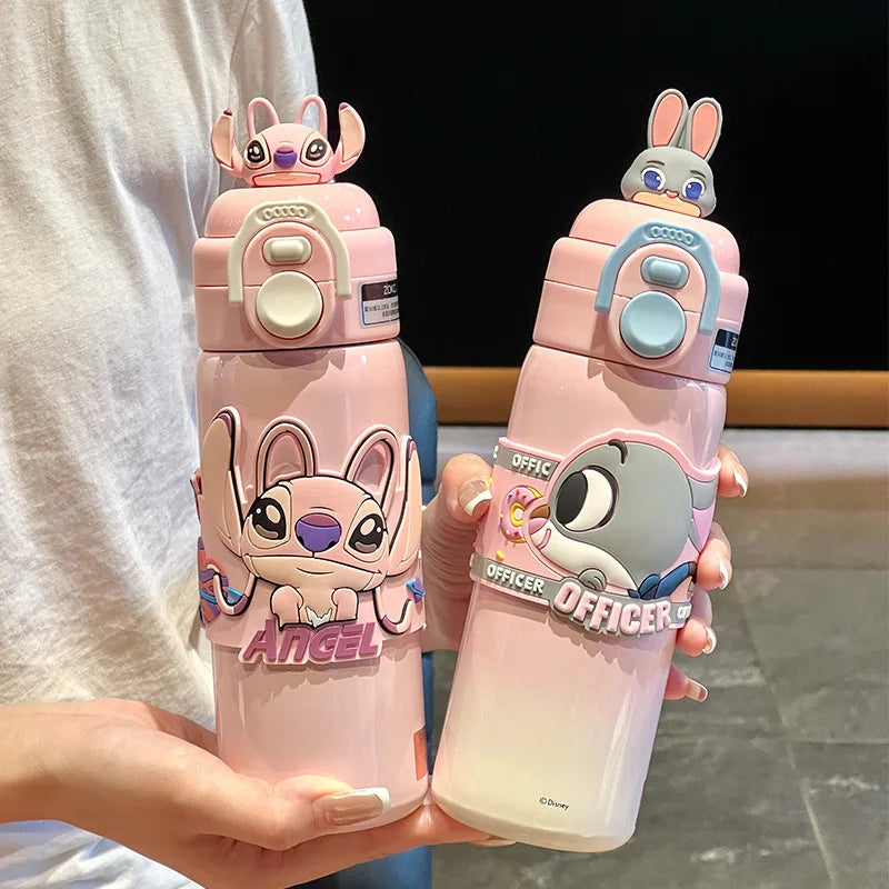 500ml Stitch Thermos Cup Zootopia Disney Cartoon Nick Judy Dual-Drinking Straw Cup Cute Printing Student Water Cup Girl Gifts