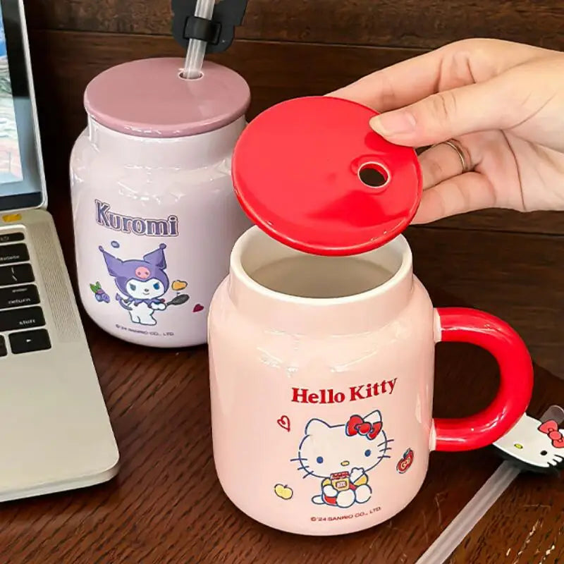 Taza de cerámica Hello Kitty My Melody con tapa y pajita | Diseño kawaii y funcional ideal para regalo