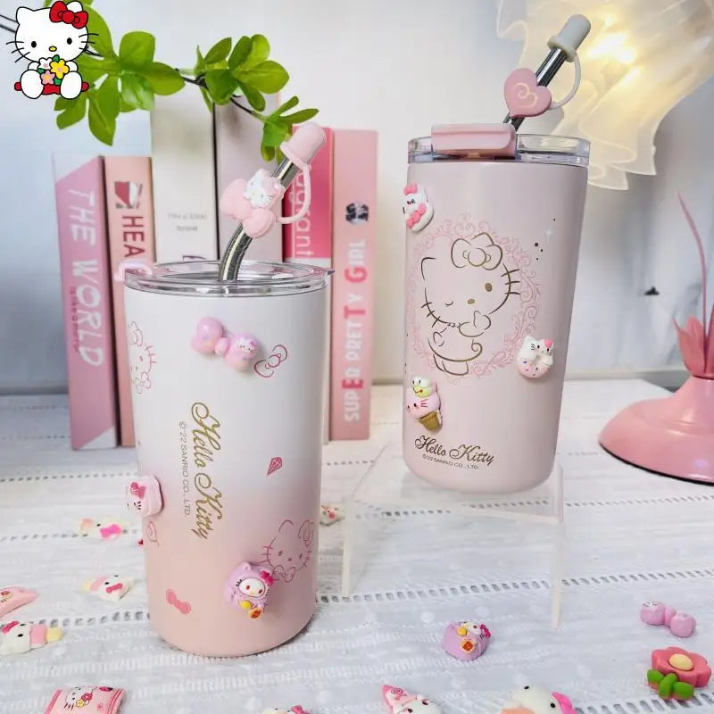 Cute Sanrios Hello Kittys Vacuum Cup Good-Looking High-Capacity Cold Insulation Water Cup with Straw Water Cup Festival Gift