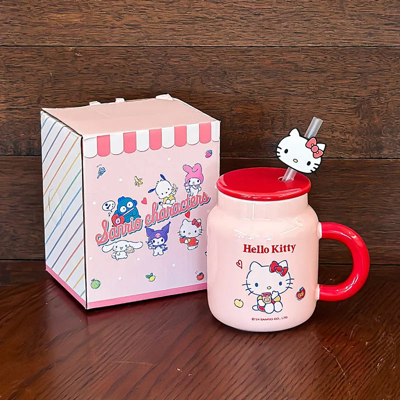 Taza de cerámica Hello Kitty My Melody con tapa y pajita | Diseño kawaii y funcional ideal para regalo