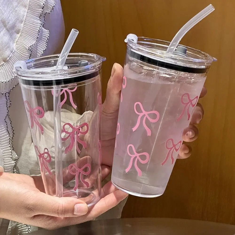 Cute Transparent Coffee Cup Plastic 500ml Straw Cup Bowknot with Lid Water Bottle