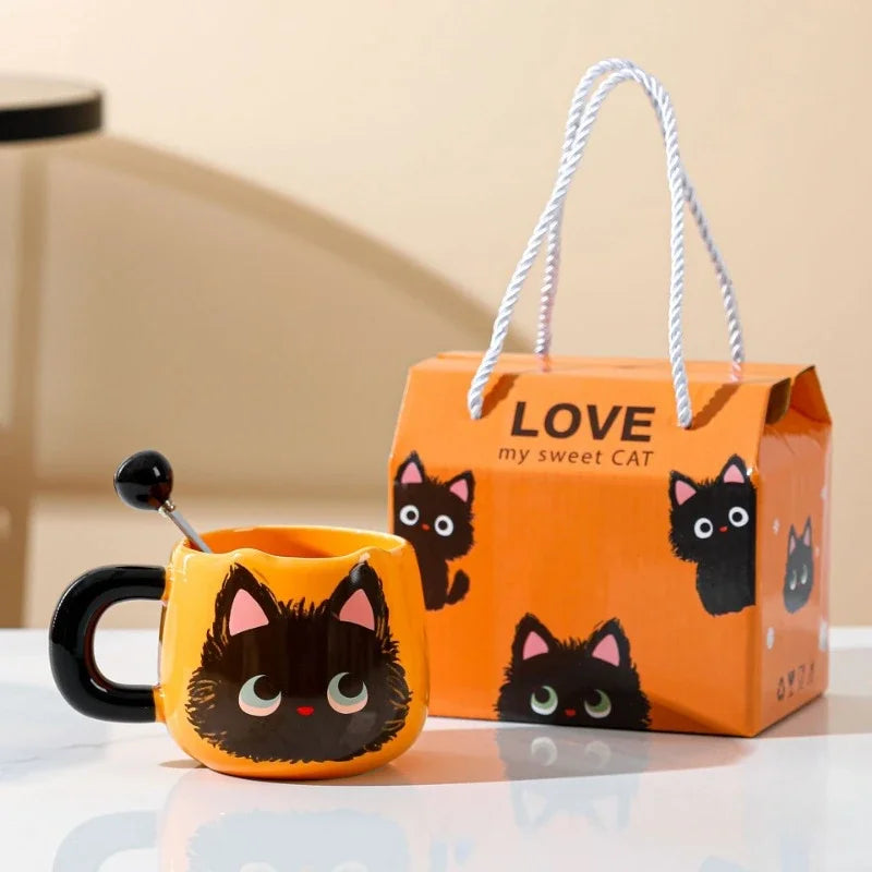 Cute Cat Ceramic Mug Gift Box Household Water Cup Large Capacity Coffee Cup with Spoon