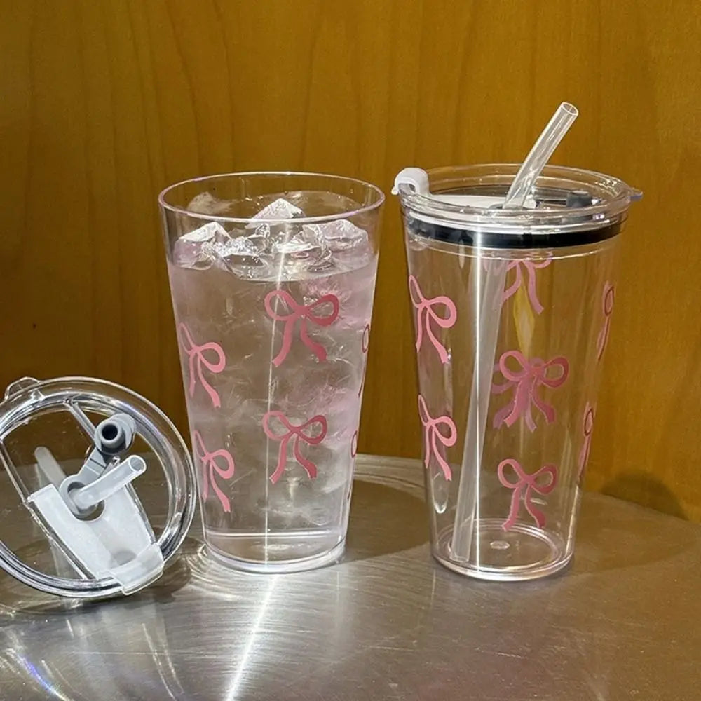 Cute Transparent Coffee Cup Plastic 500ml Straw Cup Bowknot with Lid Water Bottle