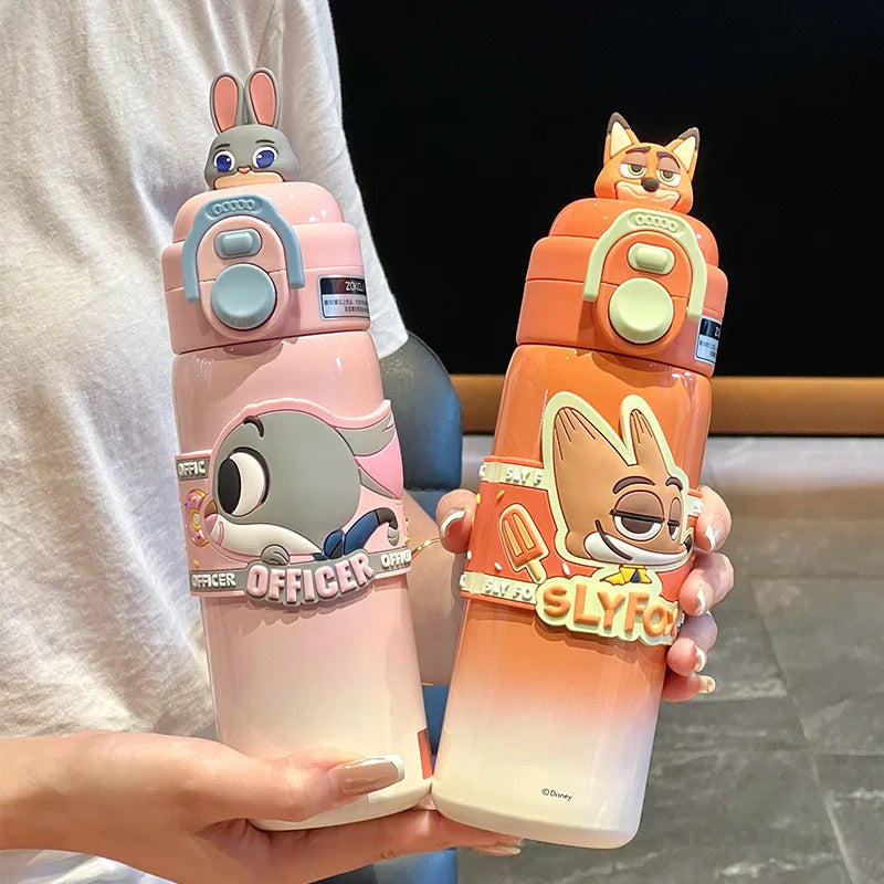 500ml Stitch Thermos Cup Zootopia Disney Cartoon Nick Judy Dual-Drinking Straw Cup Cute Printing Student Water Cup Girl Gifts