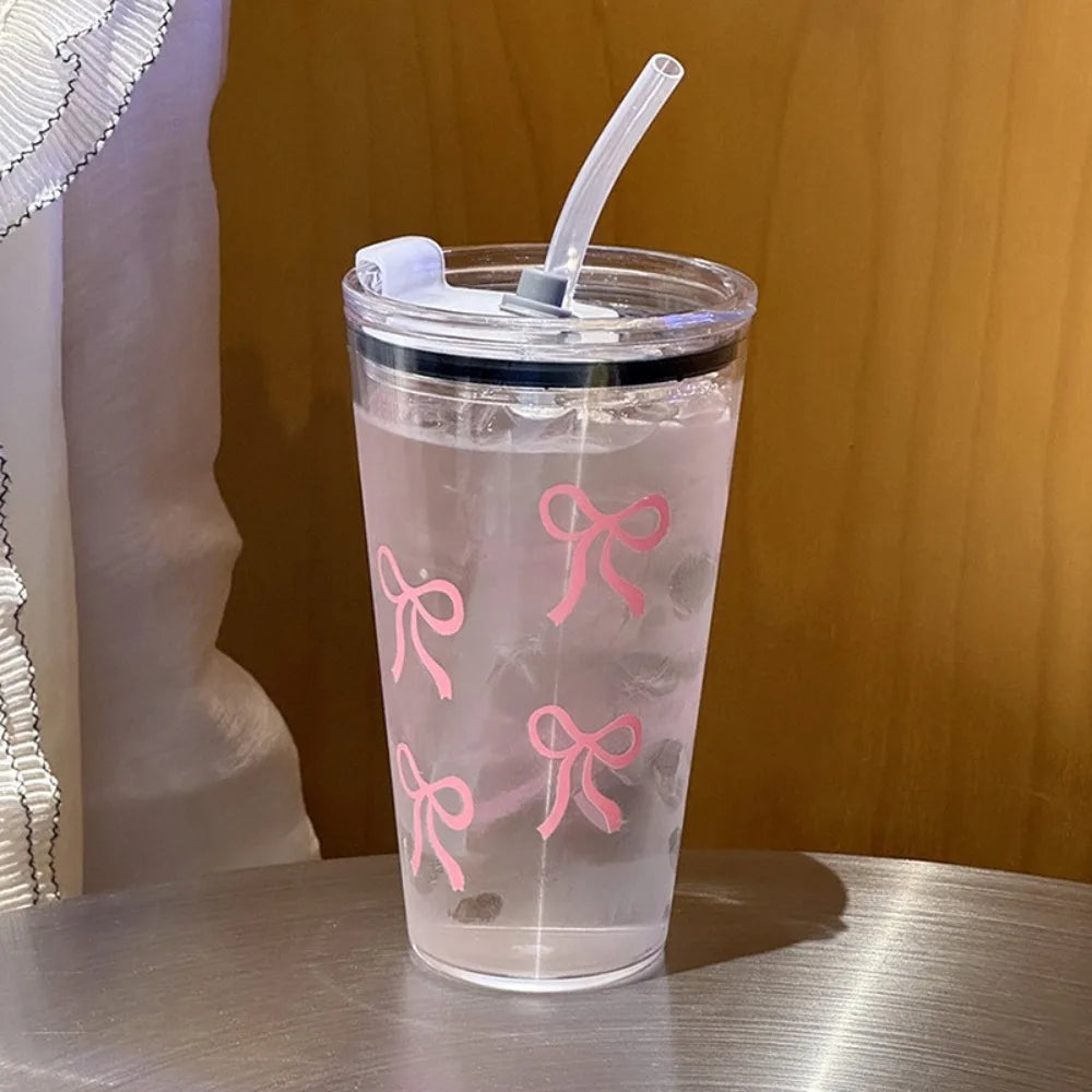 Cute Transparent Coffee Cup Plastic 500ml Straw Cup Bowknot with Lid Water Bottle